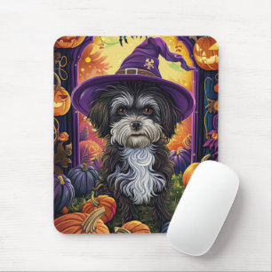 Tapis De Souris Éffrayant Havanais Chien Halloween sorcière et Cit