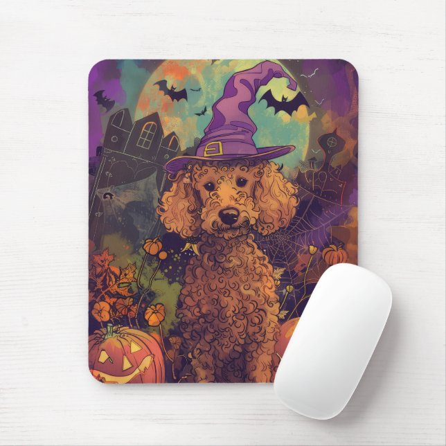 Tapis De Souris Éffrayant Poodle Chien Halloween sorcière et Citro (Avec souris)