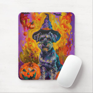 Tapis De Souris Éffrayant Schnauzer Chien Halloween sorcière et Ci