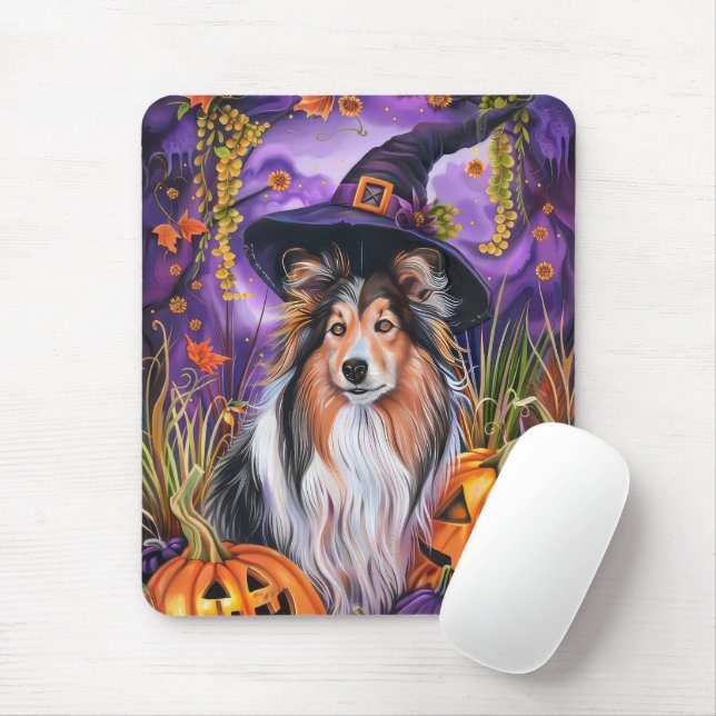 Tapis De Souris Éffrayant Shetland Sheepdog Citrouille de sorcière (Avec souris)
