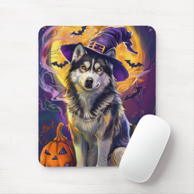 Tapis De Souris Éffrayant Sibérie Husky Chien Halloween Citrouille (Avec souris)