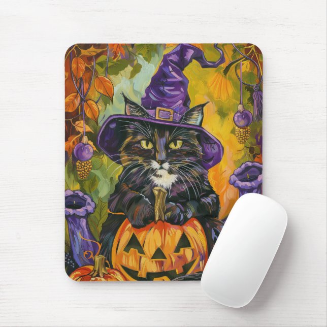 Tapis De Souris Éffrayant Tuxedo Chat Halloween Sorcière Et Citrou (Avec souris)