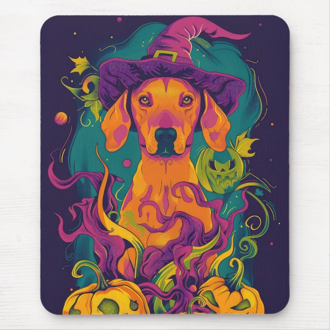 Tapis De Souris Éffrayant Vizsla Chien Halloween sorcière et Citro (Devant)