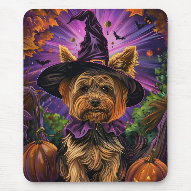 Tapis De Souris Éffrayant Yorkipoo Chien Halloween sorcière et Cit (Devant)