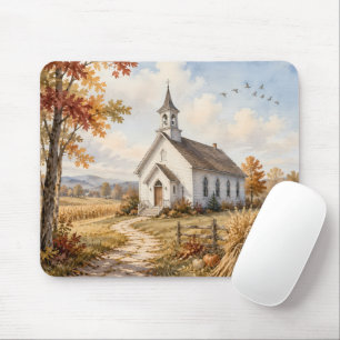 Tapis De Souris Église de campagne automnale, paysage à l'aquarell