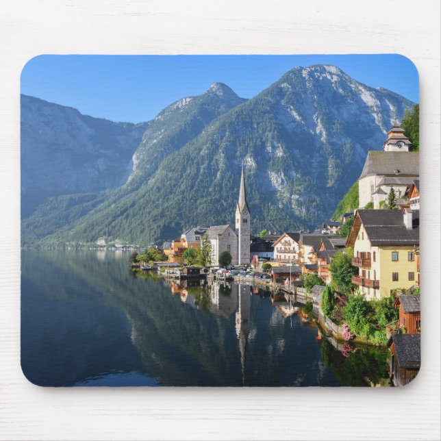 Tapis De Souris Église et village de Hallstatt, Autriche avec Alpe (Devant)