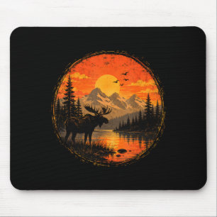 Tapis De Souris Élan coucher de soleil montagne forêt lac sauvager