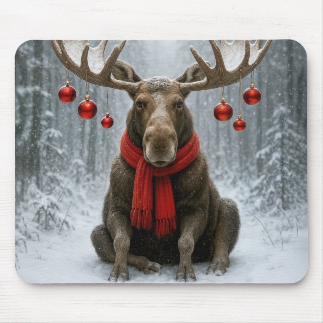 Tapis De Souris Élan de Noël dans une forêt enneigée (Devant)