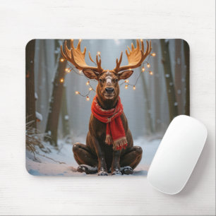 Tapis De Souris Élan de Noël portant une écharpe et des lumières