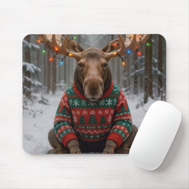 Tapis De Souris Élan portant un pull de Noël laid (Avec souris)