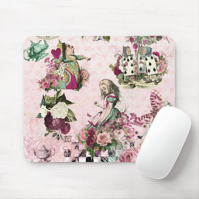 Tapis De Souris Élégant Alice rose au pays des merveilles (Avec souris)