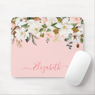 Tapis De Souris Elégant Aquarelle Magnolias Floral Script tendance