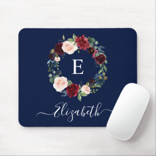 Tapis De Souris Elégant Aquarelle Moderne Floral Wreath Monogramme