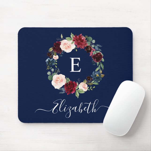 Tapis De Souris Elégant Aquarelle Moderne Floral Wreath Monogramme (Avec souris)