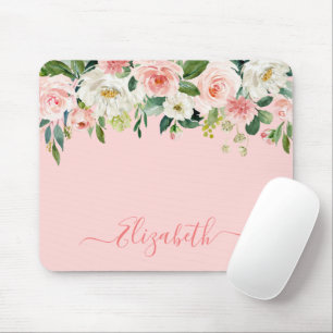 Tapis De Souris Elégant Aquarelle rose Blush Floral Script tendanc