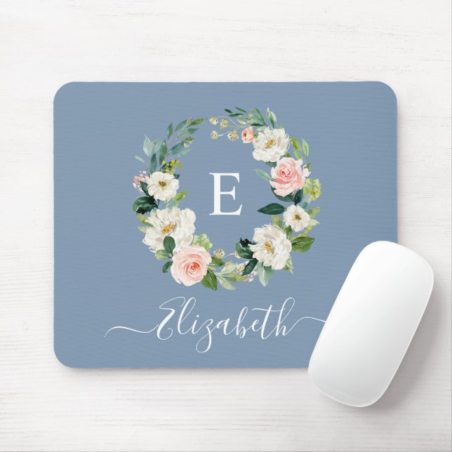 Tapis De Souris Elégant aquarelle rose floral Dusty bleu Monogramm (Avec souris)
