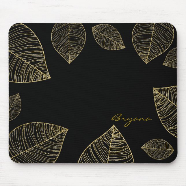 Tapis de souris élégant avec feuilles dorées sur f (Devant)