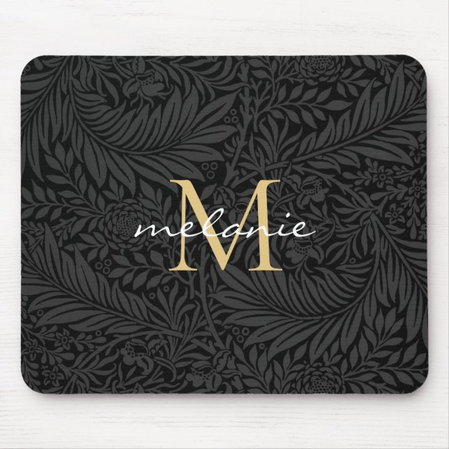 Tapis De Souris Elegant Black Gold Floral Script Monogram (Devant)