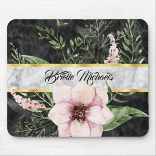 Tapis De Souris Elegant Black Marble Pink Floral With Name