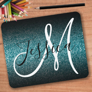 Tapis De Souris Elegant Black Ombre Teal Glitter Monogram