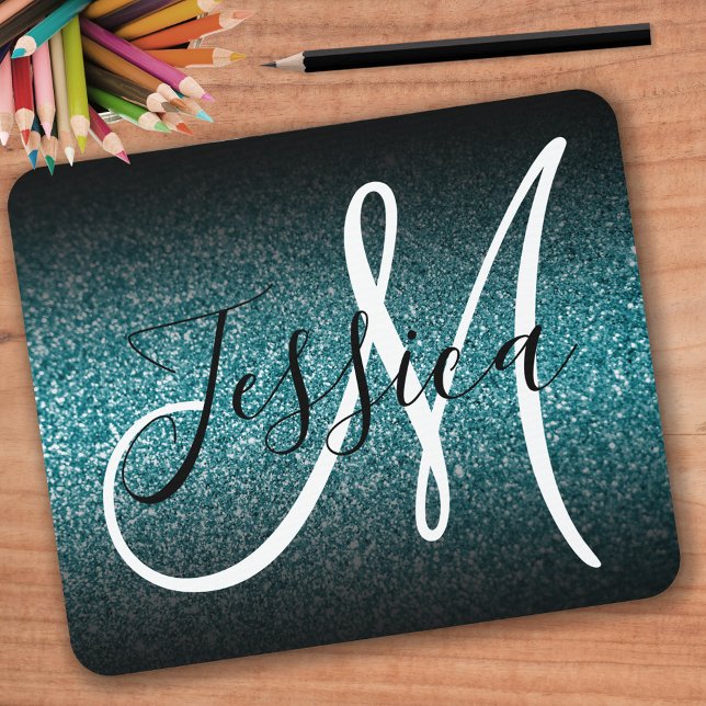 Tapis De Souris Elegant Black Ombre Teal Glitter Monogram (Créateur téléchargé)