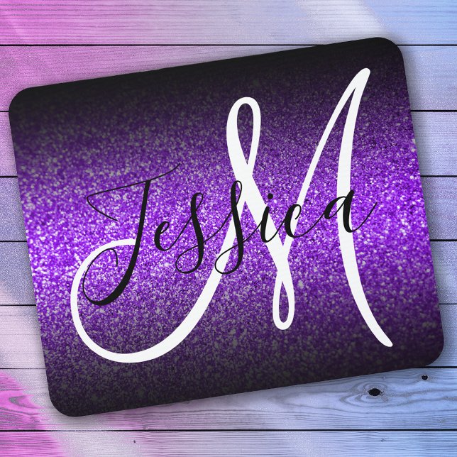 Tapis De Souris Elegant Black Ombre Violet Glitter Monogram (Créateur téléchargé)