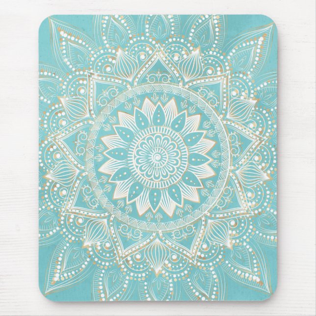 Tapis De Souris Elégant Blanc Gold Mandala Sky Blue Design (Devant)