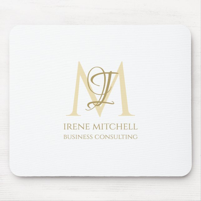 Tapis De Souris Élégant Blanc Or Moderne Monogramme Nom (Devant)