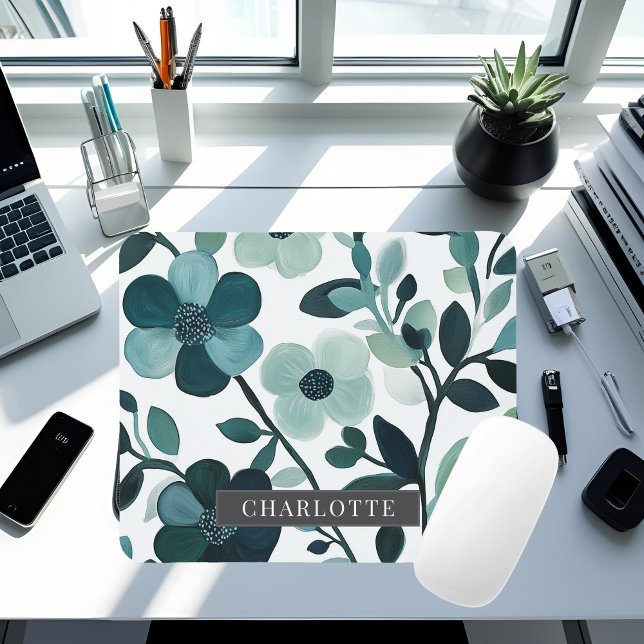 Tapis De Souris Elégant bleu Aqua Floral Mousepad personnalisé (Créateur téléchargé)