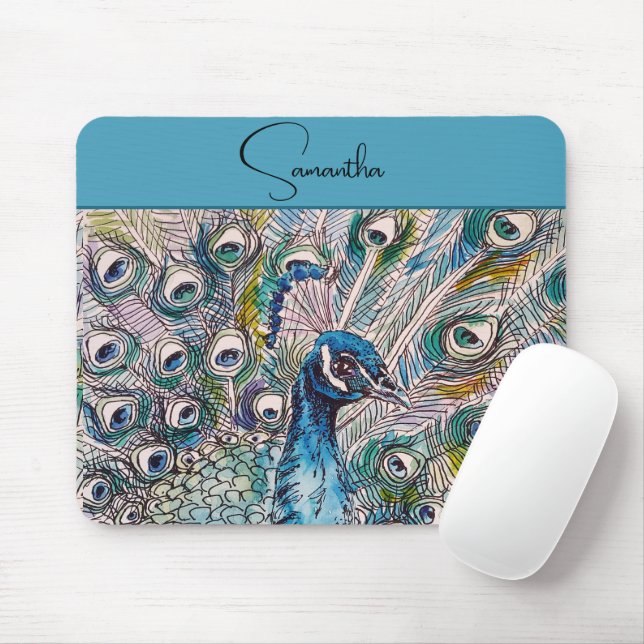 Tapis De Souris Elégant bleu Peacock Aquarelle Art Anniversaire (Avec souris)