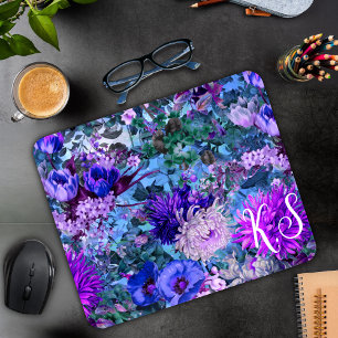 Tapis De Souris Élégant bleu violet motif floral monogramme