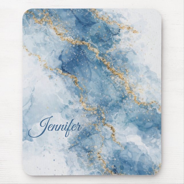 Tapis De Souris Elegant Blue Gold Glitter Abstract Flow            (Devant)