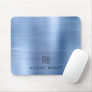 Tapis De Souris Elegant Blue Metallic Monogram Name