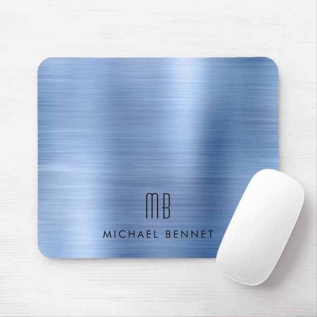 Tapis De Souris Elegant Blue Metallic Monogram Name (Avec souris)