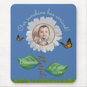 Tapis De Souris Elégant Daisy Blue Floral Cute Baby Photo & Nom