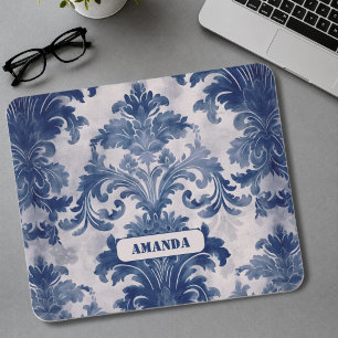 Tapis De Souris Élégant damas Bleu toile de jouy monogramme