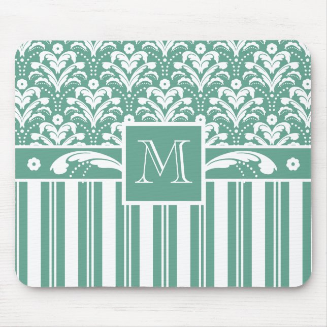 Tapis De Souris Elégant Damas vert de mer avec votre Monogramme (Devant)