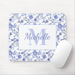 Tapis De Souris Élégant floral bleu vintage monogramme nom blanc