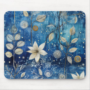 Tapis De Souris Élégant floral botanique d'hiver bleu indigo