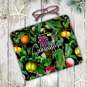 Tapis De Souris Elégant fruits tropicaux noir motif monogramme