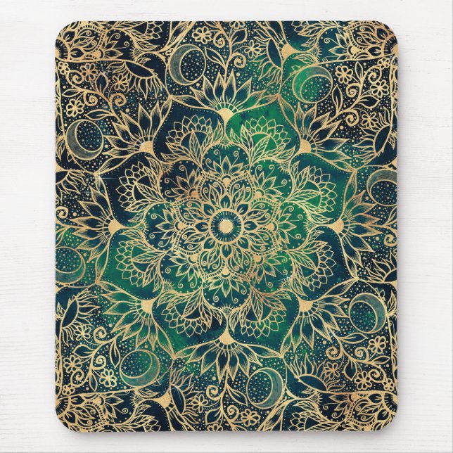 Tapis De Souris Elegant Gold Floral Mandala Green Blue Design (Devant)
