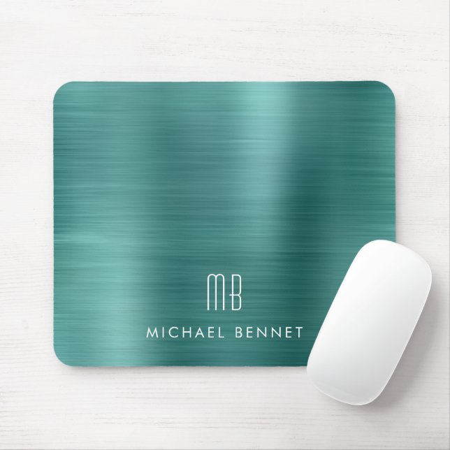 Tapis De Souris Elegant Green Metallic Monogram Name (Avec souris)