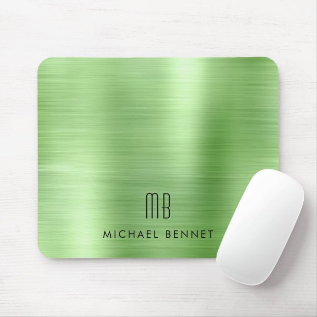 Tapis De Souris Elegant Green Metallic Monogram Name (Avec souris)