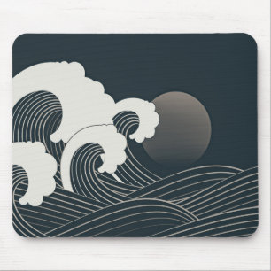 Tapis De Souris Elegant Japanese Waves Black and White Artwork