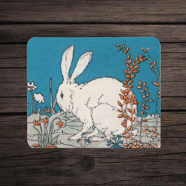 Tapis De Souris Elégant lapin blanc Vintage (White rabbit sitting on grey ground with orange and white flowers on blue mousepad.)