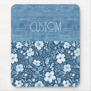 Tapis De Souris Élégant look Botanique Bleu Faux Denim
