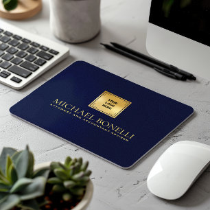 Tapis De Souris Elégant Marine Blue Leather Luxury Gold Logo NOM