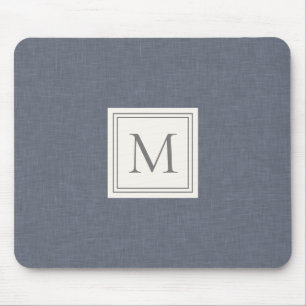 Tapis De Souris Élégant Minimaliste Bleu Gris Lin Faux Monogramme