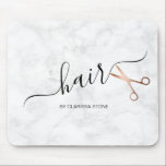 Tapis De Souris Elegant modern rose gold scissors hairstylist<br><div class="desc">Modern and elegant design for hairstylists with faux rose gold scissors,  elegant calligraphy font and white marble background.</div>
