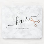 Tapis De Souris Elegant modern rose gold scissors hairstylist<br><div class="desc">Modern and elegant design for hairstylists with faux rose gold scissors,  elegant calligraphy font and white marble background.</div>